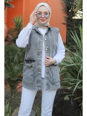 Antrasit Aliv Taşlı Kot Yelek