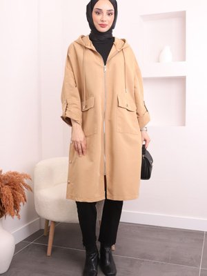 Vizon Bel Kuşaklı Kapüşonlu Trenç Vizon Bel Kuşaklı Kapüşonlu Trenç