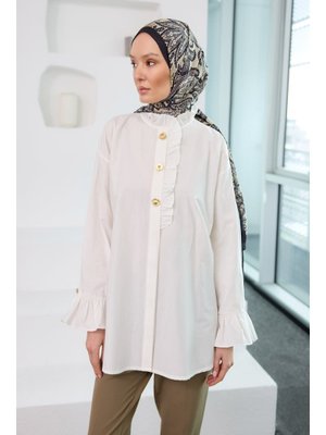 Beyaz Pati Düğme Detay Gömlek