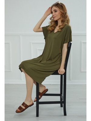 Haki Yırtmaçlı Penye Kısa Elbise,elb