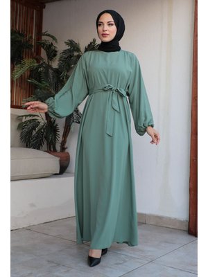 Mint Yeşili Balon Kol Lastikli Standart Elbise