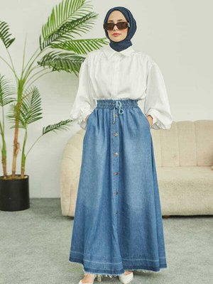 Denim Mevlana Düğmeli Etek Mavi Denim Mevlana Düğmeli Etek Mavi