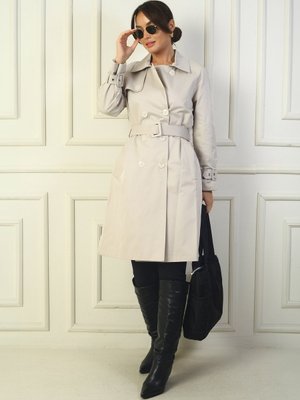 Bej Beli Ve Kolları Kemerli Önü Düğmeli Cepli Pardesü