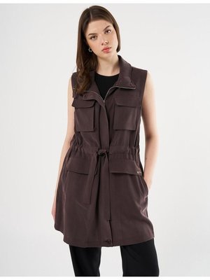 Bel Büzgülü Dik Yaka Yelek Koyu Kahve
