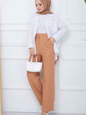 Pileli Çizgili Pantolon Camel Pileli Çizgili Pantolon Camel