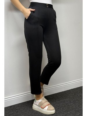 Siyah Süs Düğme Cepli Pantolon