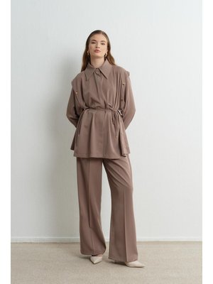 Bej Volan Çıt Detaylı Gömlek Takım