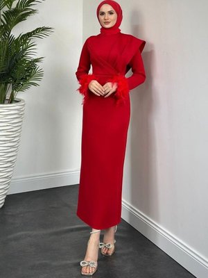Azelya Kolları Tüylü Scuba Abiye Elbise Kırmızı Azelya Kolları Tüylü Scuba Abiye Elbise Kırmızı