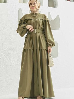 Carla Büzgülü Kuşaklı Elbise Haki
