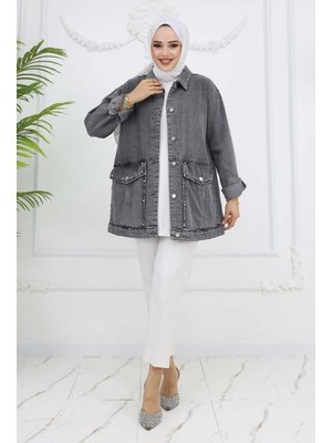 Gri Taş İşlemeli Cepli Kot Ceket