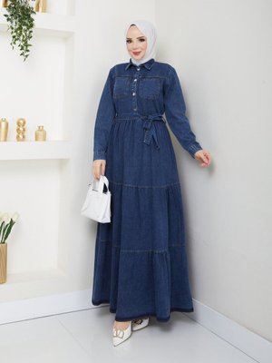 Belden Bağlamalı Kot Elbise