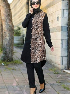 Siyah Leopar Viskon Detaylı Tunik Gömlek Siyah Leopar Viskon Detaylı Tunik Gömlek