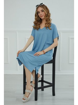 Mavi Yırtmaçlı Penye Kısa Elbise,elb