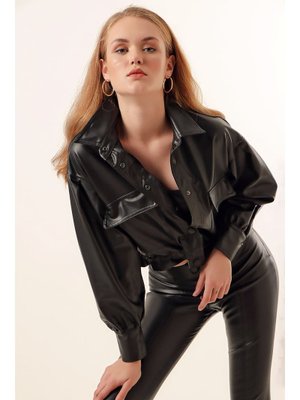 Siyah Crop Deri Ceket