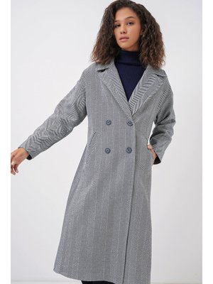 F.lacivert Oversize Geniş Kesim Yünlü Uzun Kaşe Kaban