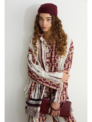 Bordo Alegy Baskı Desenli Pamuk Saten Takım