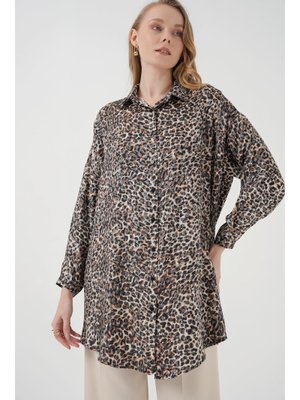 C. Kahverengi Desenli Uzun Gömlek Tunik C. Kahverengi Desenli Uzun Gömlek Tunik