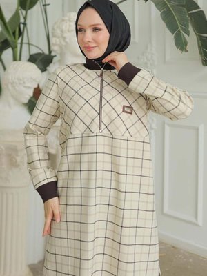 Trend Yarım Fermuarlı Kolları Ribanalı Tunik Bej Trend Yarım Fermuarlı Kolları Ribanalı Tunik Bej