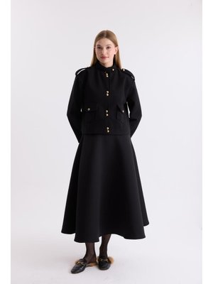 Siyah Veray Düğme Detaylı Kaşe Ceket