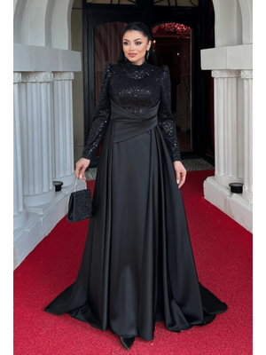 Siyah Üstü Boncuk Alt Saten Pelerin Detaylı Abiye Elbise