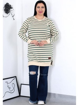 Büyük Beden İki İplik Zümrüt Çizgili Tunik