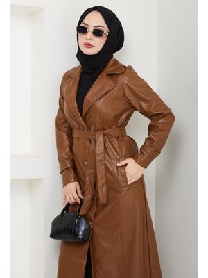 Taba Kruvaze Yaka Kuşaklı Deri Trençkot