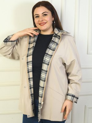 Bej Önü Çıtçıtlı Fermuarlı Kapüşonlu Sahte Cep B.b.trençkot Kaban