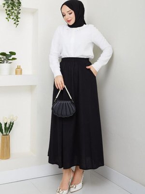 Siyah Cepli Beli Lastikli Keten Uzun Etek
