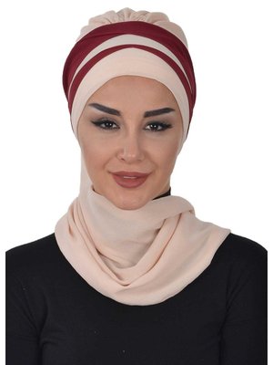 Bordo Çapraz Dikim Çift Renkli Fularlı Şifon Hazır Türban,ht Bej Bordo Çapraz Dikim Çift Renkli Fularlı Şifon Hazır Türban,ht Bej