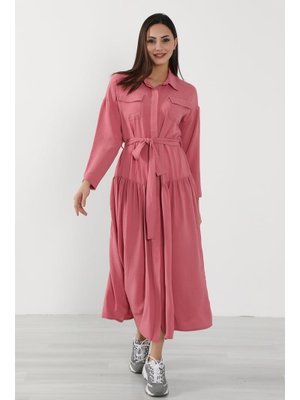 Koyu Pembe Rahat Kesim Aerobin Gömlek Elbise,elb