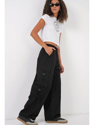 Siyah Geniş Paça Kargo Pantolon Siyah Geniş Paça Kargo Pantolon