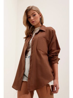 Kahverengi Tek Cepli Oversize Keten Gömlek Kahverengi Tek Cepli Oversize Keten Gömlek