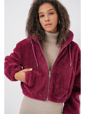 Mürdüm Kapüşonlu Peluş Crop Ceket