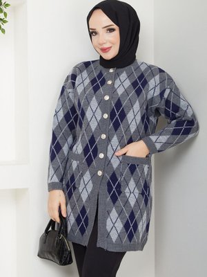 Kareli Cepli Düğme Kapamalı Triko Hırka