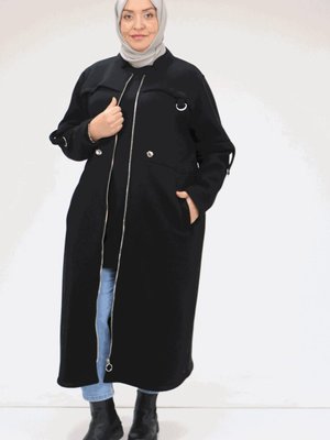 Büyük Beden Hakim Yaka Önden Fermuarlı Üç İplik Kap Siyah Büyük Beden Hakim Yaka Önden Fermuarlı Üç İplik Kap Siyah