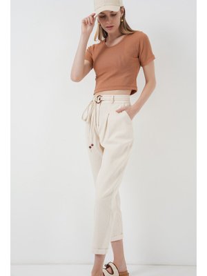 Krem Kemerli Keten Pantolon Krem Kemerli Keten Pantolon