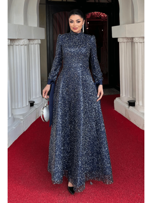 Lacivert Boncuklu Kumaş Saten Detaylı Abiye Elbise