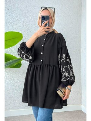 Siyah Nakışlı Balon Kol Tunik
