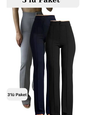 Lacivert Gri Siyah Likralı Yüksek Bel Palazzo 3'lü Set Pantolon