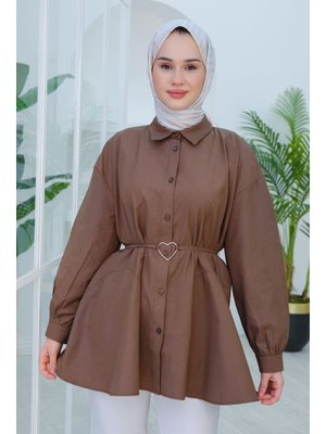Kahverengi Kalp Aksesuarlı Gömlek