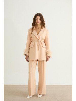 Somon Mona Tüylü Blazer Ceket Takım Somon Mona Tüylü Blazer Ceket Takım