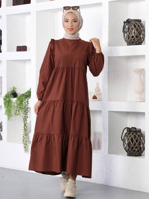 Acı Kahve Büzgü Detaylı Poplin Elbise