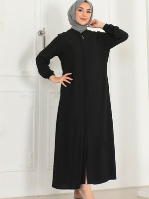 Güpür İşlemeli Günlük Tam Boy Gizli Patlı Siyah Ferace