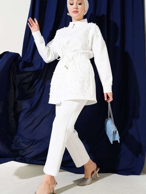 Beyaz İnci Süslemeli Scuba İkili Takım Beyaz İnci Süslemeli Scuba İkili Takım