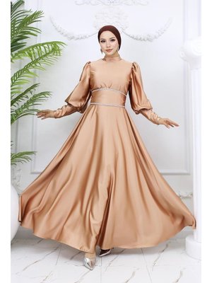 Gold Rengi Sehran Saten Abiye Elbise