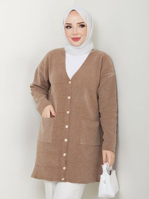 Şönil Kadife İplik Cepli Triko Hırka