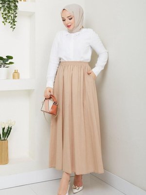 Bej Cepli Beli Lastikli Keten Uzun Etek