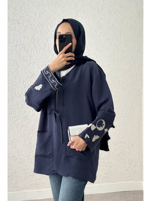 Lacivert Kolu Nakışlı Kimono