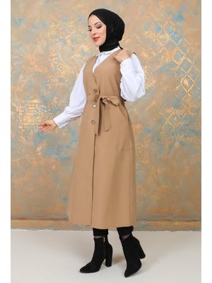 Camel Uzun Yelek Kemerli Trençkot