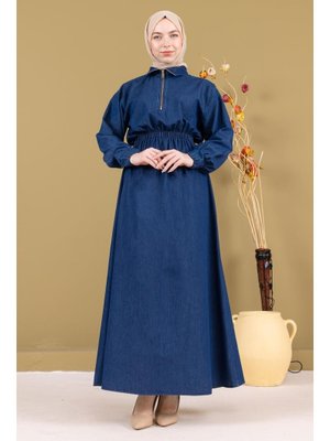 Koyu Mavi Fermuarlı Beli Lastikli Kot Elbise
